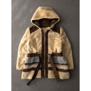 Vintage 1970s Women's Faux Fur & Suede Hooded Parka Jacket Belted Beige Brown M